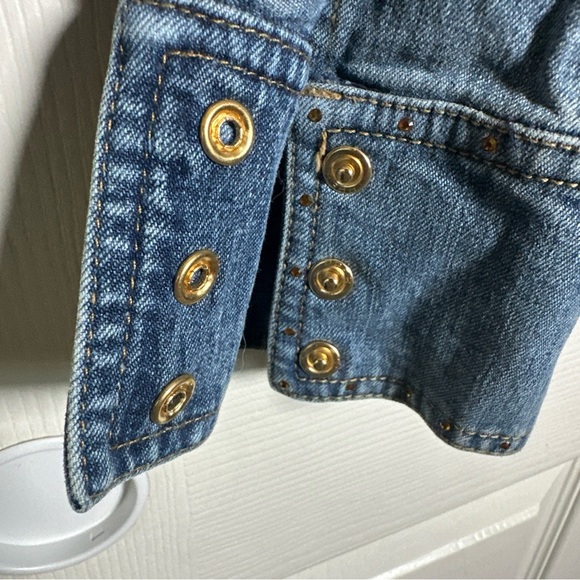 Vintage St John Sport Small Denim Rhinestones Bead Gold Monogram Buttons Jacket - Picture 11 of 16